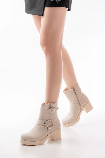 TB Terzi Bey Kömen 5109-3042 Μπεζ αξεσουάρ πόρπης με φερμουάρ και χοντρό τακούνι καθημερινές γυναικείες μπότες