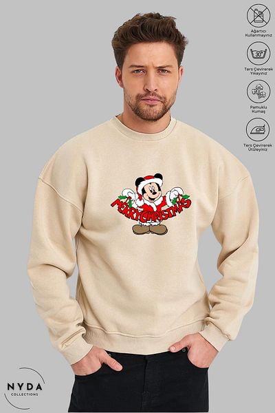 Nyda Collections Unisex Πρωτοχρονιά Καλά Χριστούγεννα με στάμπα με λαιμόκοψη χωρίς κουκούλα υπερμεγέθη φούτερ