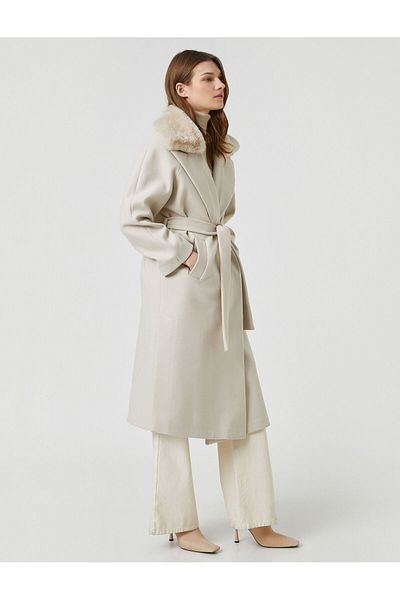 Koton Stamp Long Coat Wrap Belted Plush Detailed