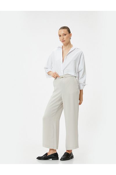 Koton Wide Leg Trousers with Normal Waist Belt and Pockets