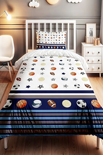 EVPANYA Şeritli Spor Topları Desenli Tek Kişilik Bebek Çocuk Nevresim Seti