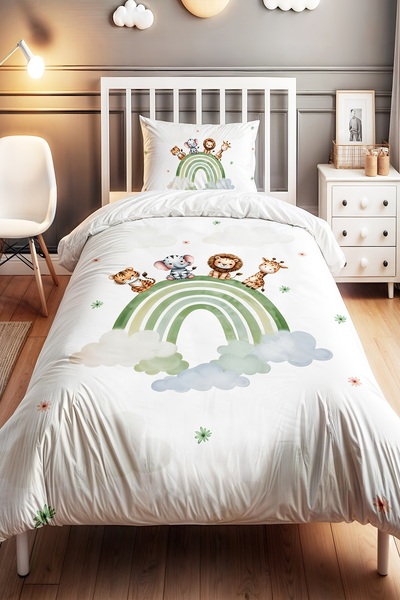 EVPANYA Yeşil Gökkuşağı ve Safari Desenli Tek Kişilik Bebek Çocuk Nevresim Seti