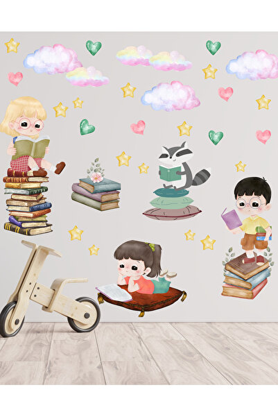 GSticker مجموعة ملصقات حائط على شكل نجمة سحابية وقلب للأطفال - قراءة الكتب، ح...
