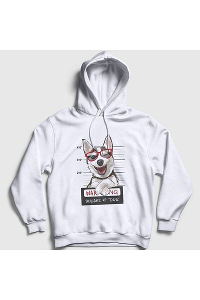 Presmono Φούτερ Unisex White Beware Husky Dog Dog με κουκούλα 411791 ττ
