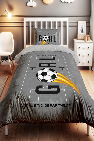 EVPANYA Gri Stadyum Goal Yazılı Desenli Tek Kişilik Bebek Çocuk Nevresim Seti