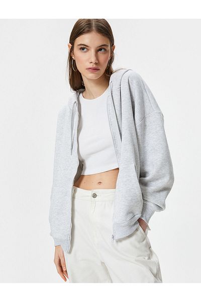 Koton Basic Oversize Zipper Sweatshirt Hooded Long Kangaroo Pocket