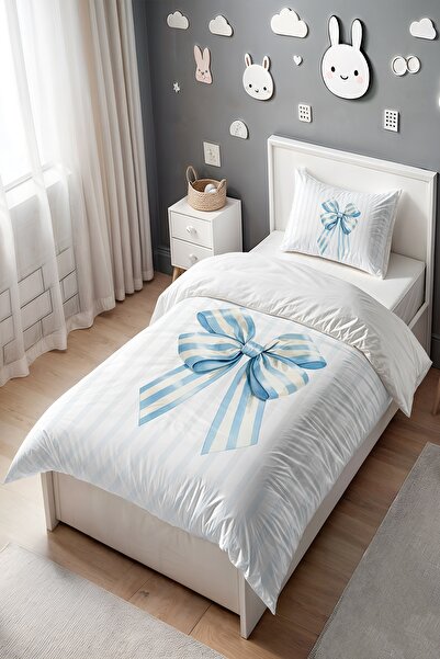 EVPANYA Mavi Şeritli Fiyonk Desenli Tek Kişilik Bebek Çocuk Nevresim Seti