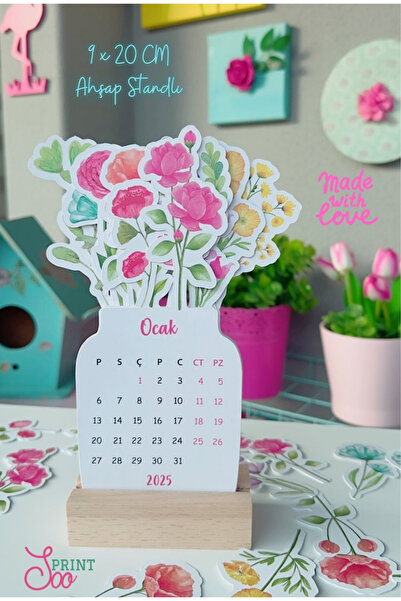 SooPRINT 2026 Çiçekli Buket Temalı Ahşap Standlı Masa Takvimi - Hediye / Dekoratif /takvim / Yılbaşı