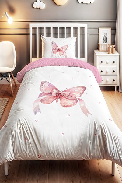 EVPANYA Pembe Puantiyeli Kelebek Desenli Tek Kişilik Bebek Çocuk Nevresim Seti