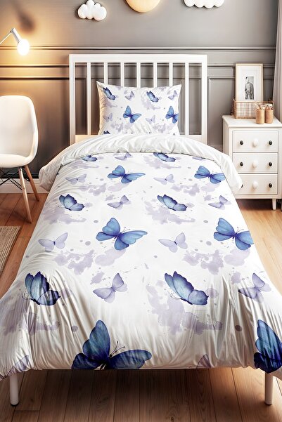 EVPANYA Navy Blue Valley Butterflies Patterned Single Baby Kids Duvet Cover Set