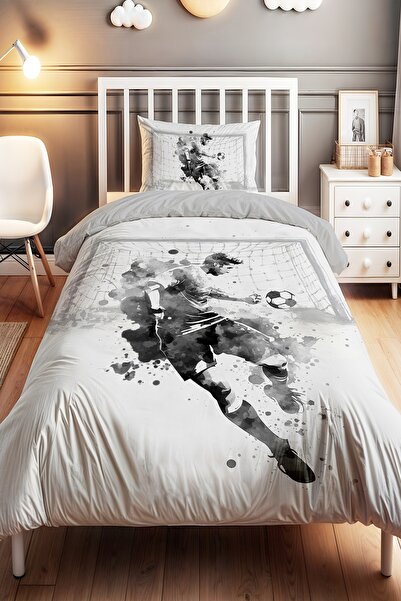 EVPANYA Siyah Beyaz Futbolcu Desenli Tek Kişilik Bebek Çocuk Nevresim Seti