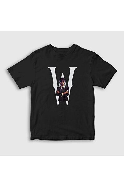 Presmono Unisex dečja crna W Wednesday Addams Family Addams Family T-shirt 36...