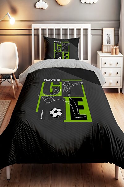 EVPANYA Yeşil Gri Golcü Desenli Tek Kişilik Bebek Çocuk Nevresim Seti