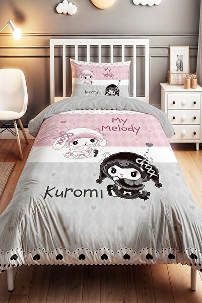 EVPANYA Pembe Gri Kalpler Kuromi ve My Melody Desenli Tek Kişilik Bebek Çocuk...
