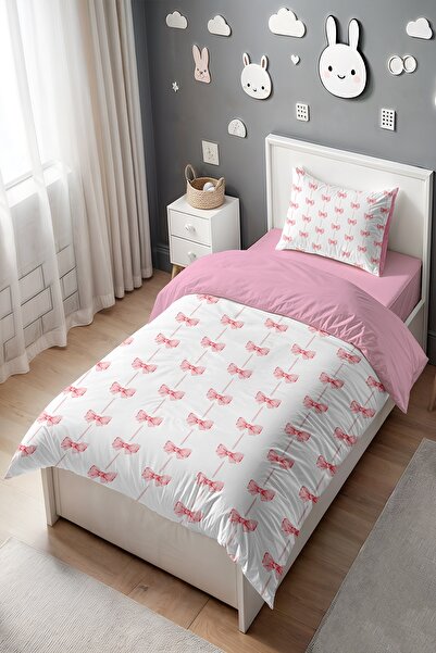 EVPANYA Pembe Şeritli Fiyonk Desenli Tek Kişilik Bebek Çocuk Nevresim Seti