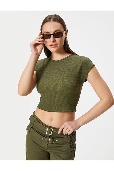Koton Textured Short Sleeve Crop T-Shirt - Crew Neck