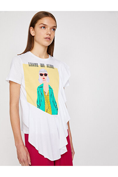 Koton Γυναικείο κοντομάνικο μπλουζάκι με λαιμόκοψη σε λευκό εμπριμέ 8YAL11476JK