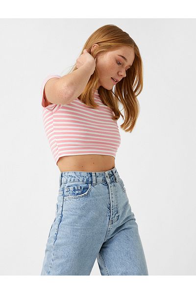 Koton Women's Pink Striped T-Shirt 2SAK50182EK