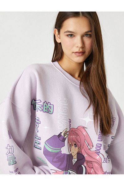 Koton Anime Sweatshirt Oversize Crew Neck Long Sleeve With Fleece Inside