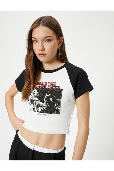 Koton Printed Crop T-Shirt Color Block Cotton