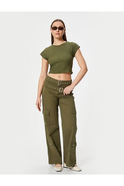 Koton Textured Short Sleeve Crop T-Shirt - Crew Neck