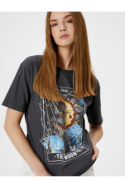 Koton Cotton Comfortable Short Sleeve Printed T-Shirt - Crew Neck