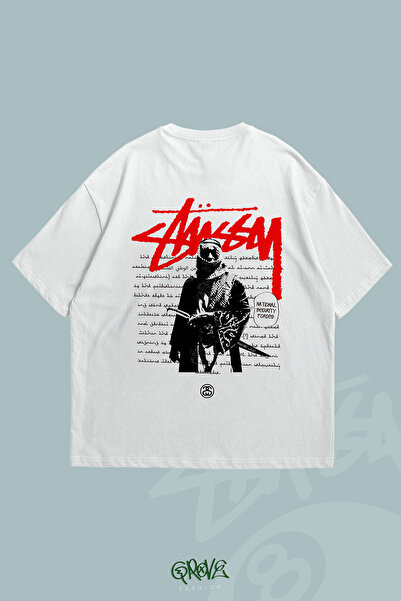 Grove Fashion Stüssy Arabic Ön ve Arka Baskılı Unisex Oversize Tshirt