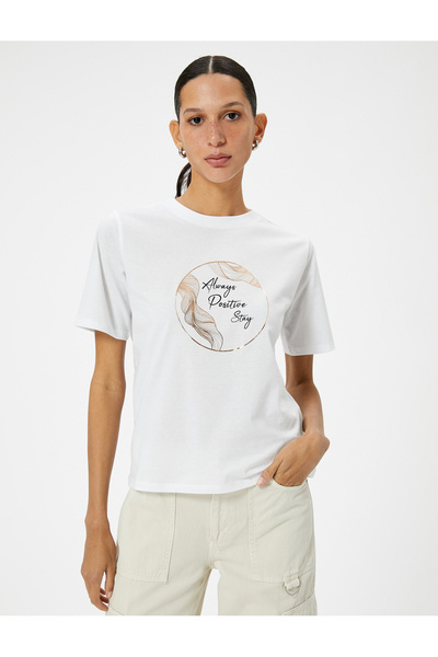 Koton Βαμβακερό μπλουζάκι με στάμπα με λαιμόκοψη - κοντό μανίκι, κανονική εφαρμογή