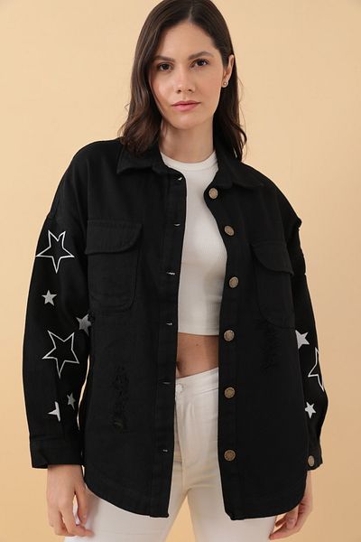 Asist Double Pocket Buttoned Star Print Detail Women's Black Shirt - 0390