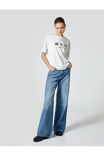 Koton Μπλουζάκι με στάμπα σκύλου, βαμβακερή λαιμόκοψη με κοντό μανίκι