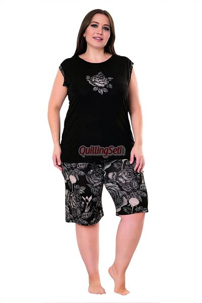 quilling Comfortable and Fashionable Women's Floral Print Black Color Plus Size Mother Pajamas Set with Shorts - 10404