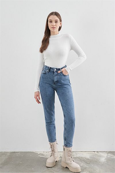 DRC trend Blugi de damă cu talie înaltă Lycra Cute Blue Mom Jean - Boyfriend Fit