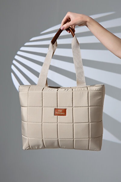 Encool Vizon Kapitoneli Fermuarlı Puf Kumaş Büyük Boy Kadın Omuz Çantası