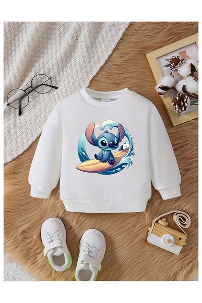 Massgai Unisex Kids Stitch Line Surf Visual Printed Προσαρμοσμένο βαμβακερό φούτερ με λαιμόκοψη