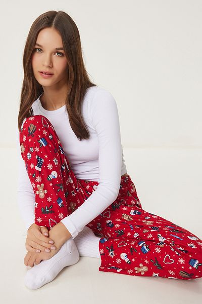 Lovelyİstanbul Red and White Patterned Soft Knitted Sleepwear Bottom - Lce0002