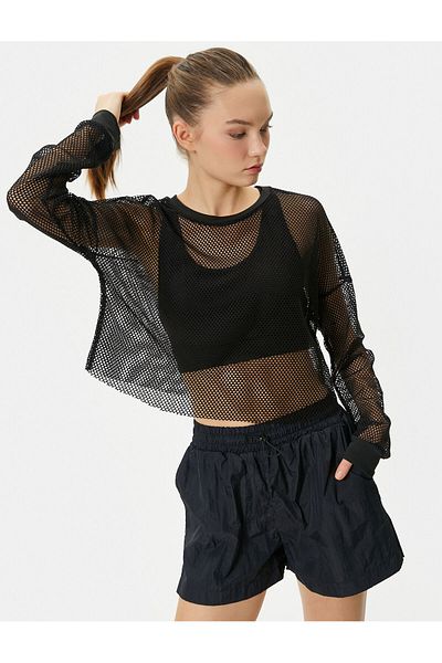 Koton Mesh T-Shirt Sports Crop Loose Fit Long Sleeve Crew Neck