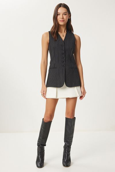Lovelyİstanbul Striped Woven Vest - Fleto Pocket Detail, Black Lto0044