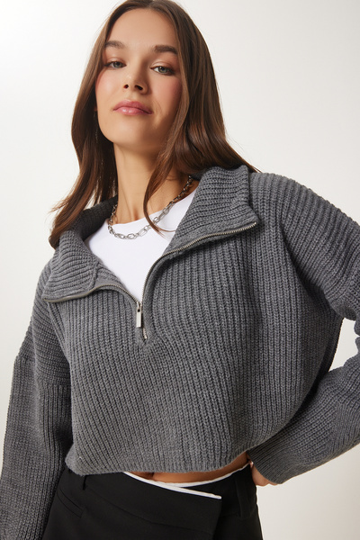 Lovelyİstanbul Turtleneck Zippered Knitwear Sweater - Anthracite Lmx0012