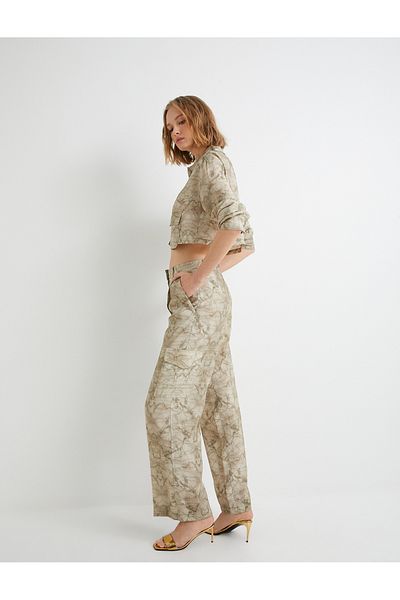 Koton Wide Leg Trousers High Waist Cargo Pocket Relaxed Cut Abstract Pattern