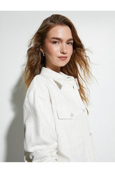 Koton Hemdjacke mit Pattentasche, Perlenknöpfen, Metallic-Glitzer-Detail