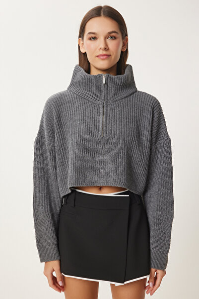 Lovelyİstanbul Turtleneck Zippered Knitwear Sweater - Anthracite Lmx0012