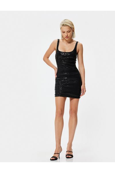 Koton Ärmelloses Mini-Abendkleid im Slim Fit – Pailletten, quadratischer Kragen