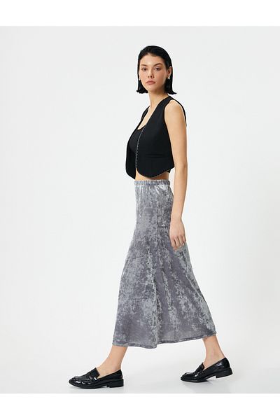 Koton Velvet Midi Skirt with Metallic Elastic Waist