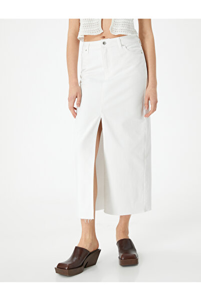 Koton Long Denim Skirt with Front Slit Detail High Waist Pocket Comfortable Fit