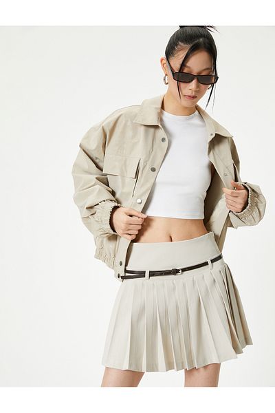 Koton Relaxed Cut Mini Skirt - Pleated and Belted