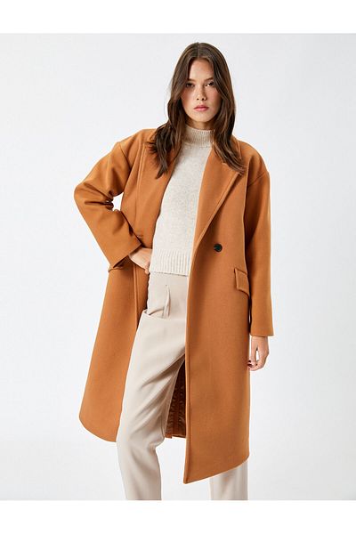 Koton Long Stamp Coat Double Breasted Buttoned Pocket Detail