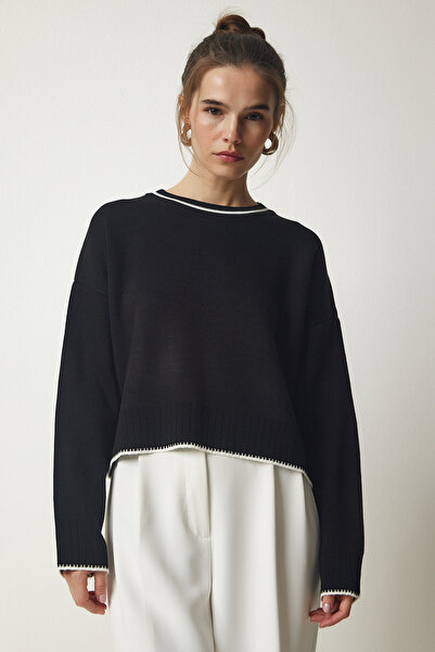 Lovelyİstanbul Basic Şerit Detaylı Triko Kazak SİYAH LPF0002