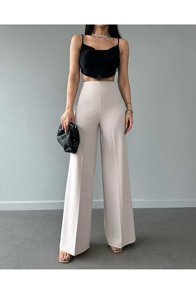 ŞULE BUTİK PANTALONI CU TALIE ÎNALTĂ CU PICIOARE LĂSATE, ȚESĂTURĂ CREP LICHRA COMPLET, CU POTRIVIRE CASUAL, CULOARE PIATRĂ