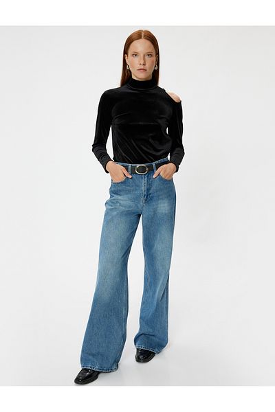 Koton Long Sleeve Velvet T-Shirt - Stand Collar and Window Detail