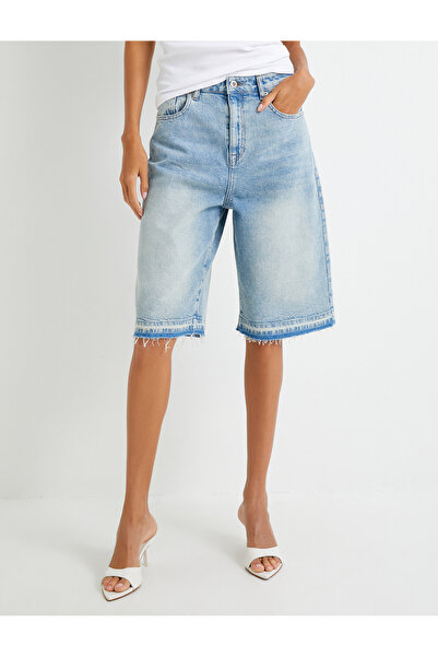 Koton Bermuda Kot Şort Düz Kesik Paça Cepli Pamuklu